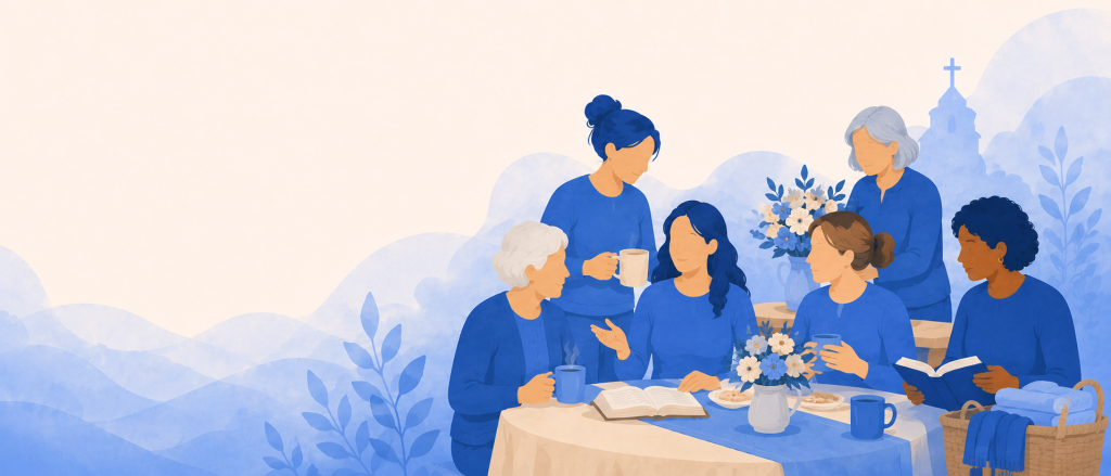 Kvinnor samlade till gemenskap, fika, bibelläsning och bön